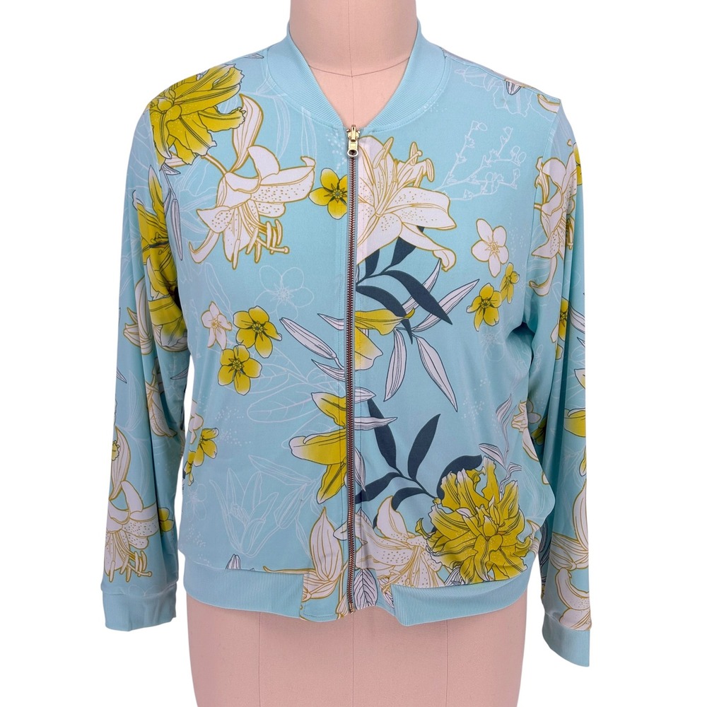IMAN Global Chic Bomber Jacket Aqua Blue Yellow Floral Lily Print Zip Up XL